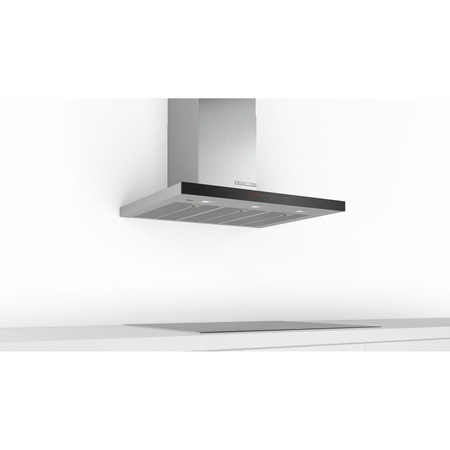 Hota incorporabila decorativa Bosch DWB98PR50, Putere de absorbtie 843 mc/h, TouchControl, Motor EcoSilence Drive, PerfectAir, Home Connect, Iluminare LED, Clasa A+, 90 cm, Inox