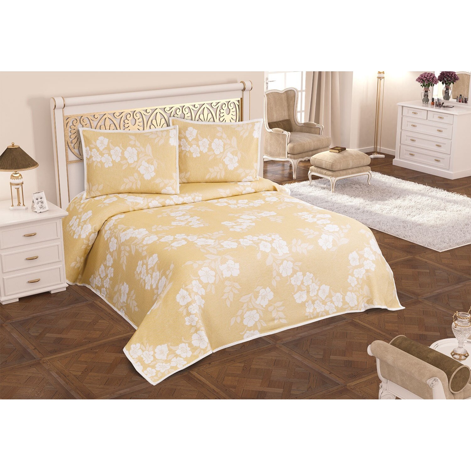 Set de Cuvertura dubla de pat cu 2 fete de perna, Valentini Bianco Nelly Yellow