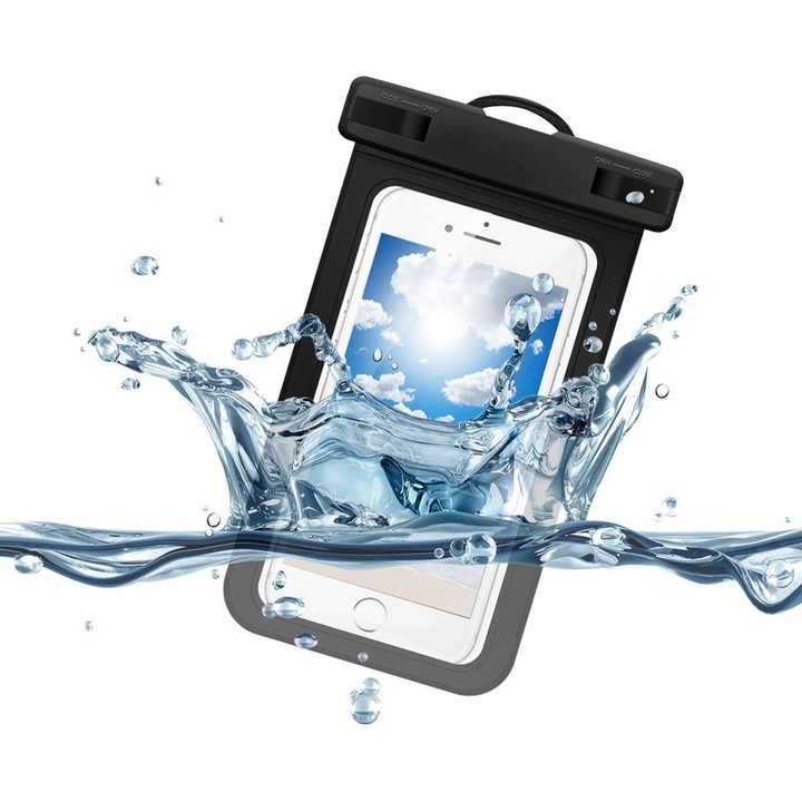 Husa Universala Subacvatica pentru Telefon (3.5 - 6.7 Inchi) Impermeabila, Curea de prindere brat sau gat, Waterproof IPX8, cu banda Neagra