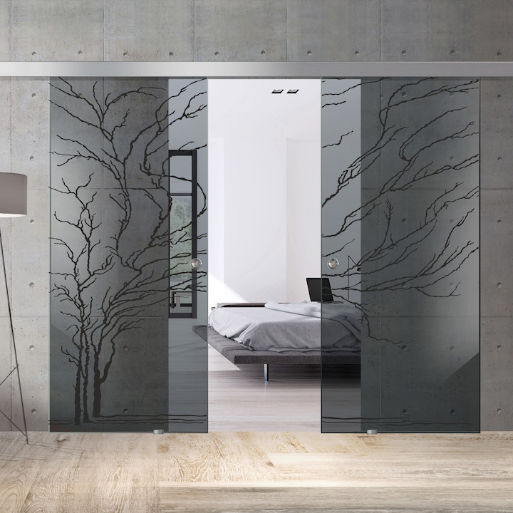 Usa culisanta Boss ® Duo model Tree negru, 90+90x215 cm, sticla gri securizata, glisanta in ambele directii