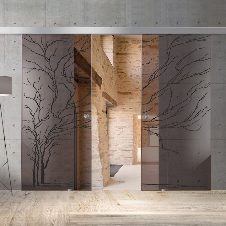 Usa culisanta Boss ® Duo model Tree negru, 90+90x215 cm, sticla bronz securizata, glisanta in ambele directii