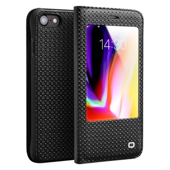 Husa iPhone SE 2 (2020), iPhone 8, iPhone 7, Qialino Window View, slim din piele naturala cu fereastra, tip carte, culoare Negru Husa iPhone SE 2 (2020), iPhone 8, iPhone 7, Qialino Window View, slim din piele naturala cu fereastra, tip carte, culoare Negru