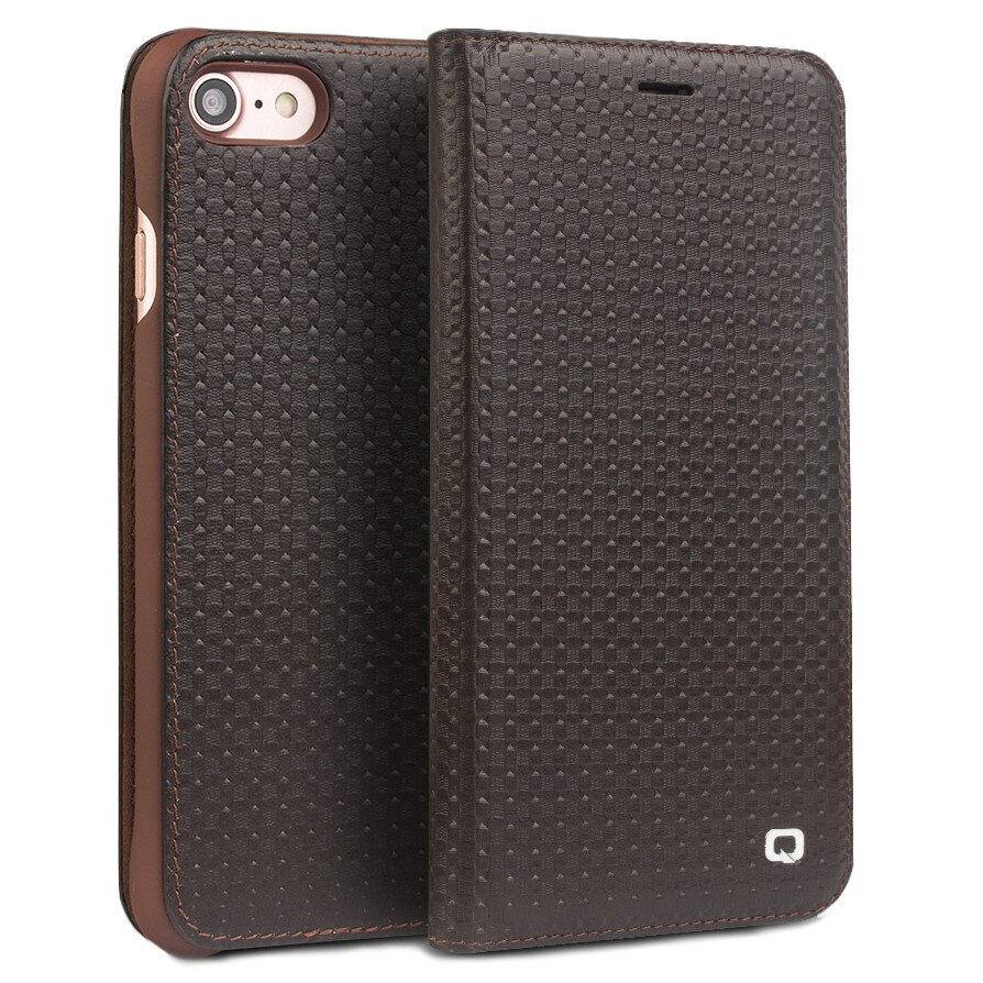 Husa iPhone SE 2 (2020), iPhone 8, iPhone 7, Qialino Grid Leather, slim din piele naturala, tip carte, culoare Maro coffee