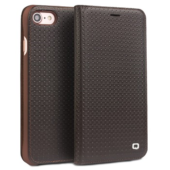 Husa iPhone SE 2 (2020), iPhone 8, iPhone 7, Qialino Grid Leather, slim din piele naturala, tip carte, culoare Maro coffee Husa iPhone SE 2 (2020), iPhone 8, iPhone 7, Qialino Grid Leather, slim din piele naturala, tip carte, culoare Maro coffee