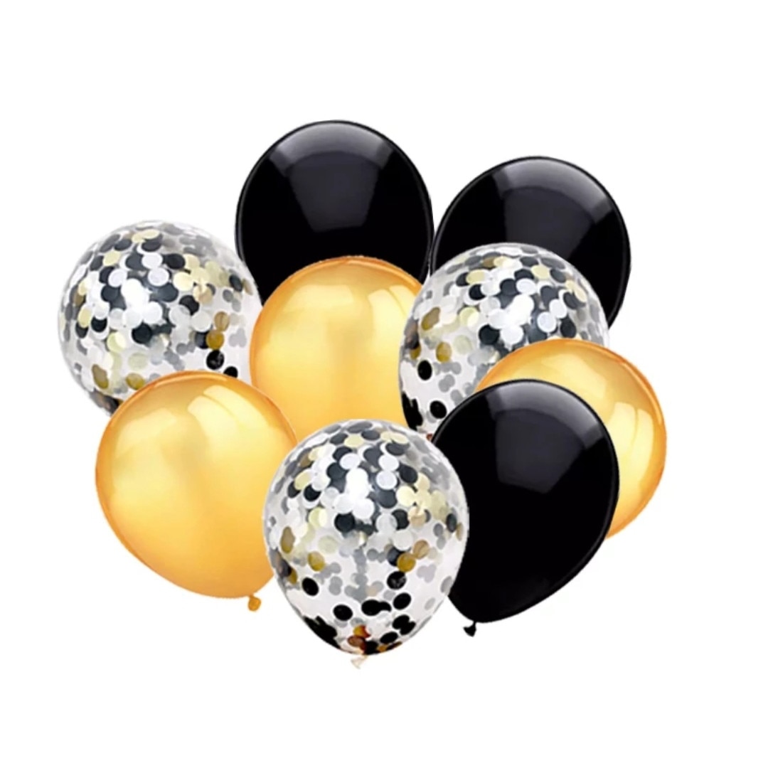 Set 9 Baloane Latex Pentru Petrecere, Negru/Auriu