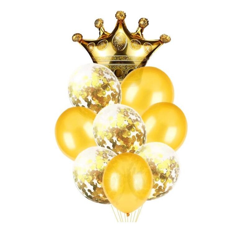 Buchet 9 Baloane Latex Plus Balon Folie Coroana, Auriu