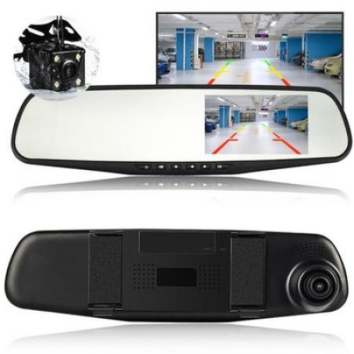 Oglinda auto retrovizoare cu camera duala fata - spate DVR MKT19, ecran 4.3inch, full HD 1080p, Mod Parcare, G Senzor, Detectare Miscare, Unghi larg filmare