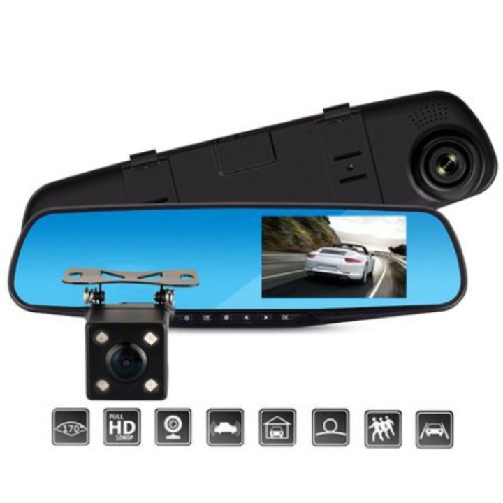Camera Video Auto Dubla Tip Oglinda Full-HD 1080p Display 4.3", Mod Parcare, G Senzor, Detectie Miscare, Unghi larg filmare Reflection Vision®