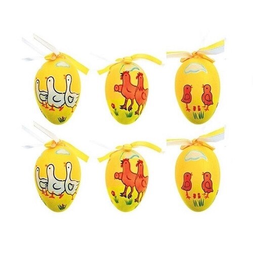 Set 12 oua galbene din plastic de Pasti - cu puisori, 6 cm
