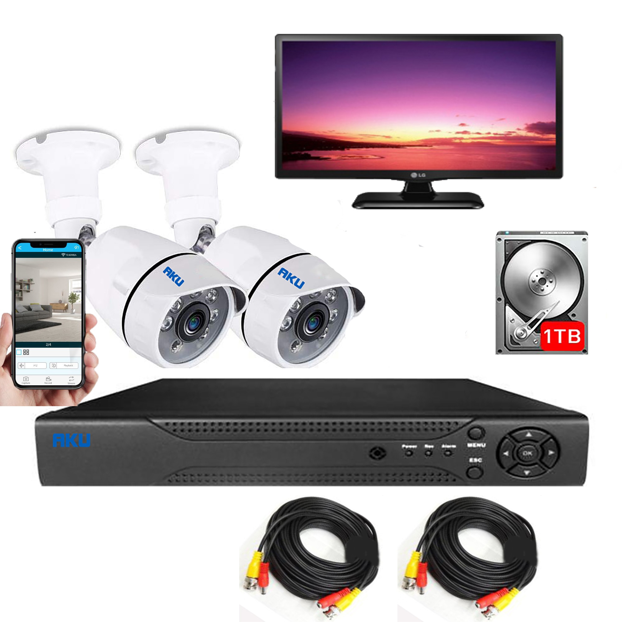 Kit supraveghere video AKU 2 camere SUPER CLEAR AHD 2MP + HDD 1 TB +Monitor LG 19