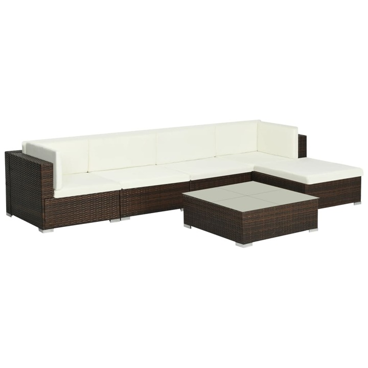 Set mobilier de gradina cu perne vidaXL, 6 piese, maro, poliratan, 47.95 kg