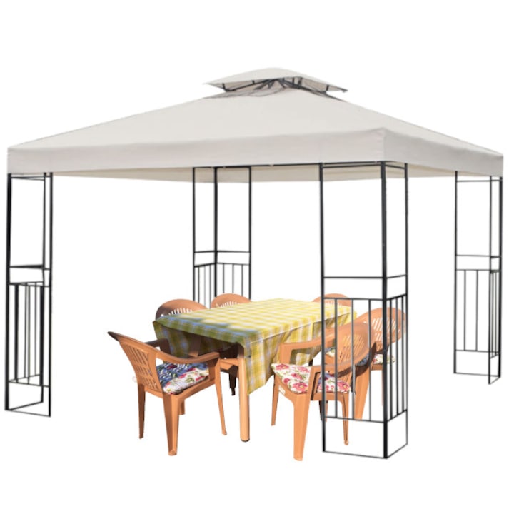 Culinaro 3x3m sátor kerti udvarra acélváz tető bézs készlet étkészlet 6 székkel, 6 párnák, terítő