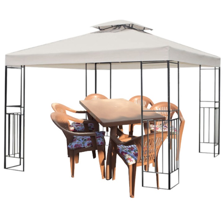 Culinaro 3x3m sátor kerti udvarra, acél váz és tető, bézs terített asztal szett, asztal, 6 székkel