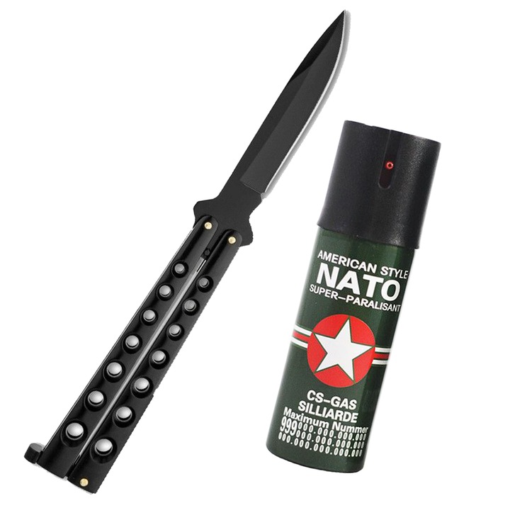 Комплект за самозащита Нож пеперуда Трик с пеперуда Balisong CS:GO Черен и дразнещ NATO парализиращ спрей