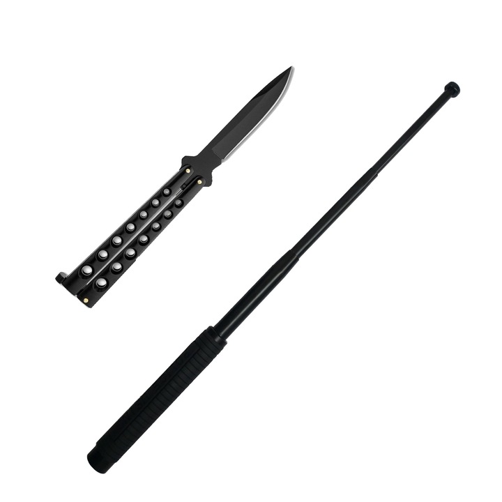 Комплект за самозащита, Нож пеперуда, Телескопична стоманена пръчка, Трик Balisong CS:GO, 64 см, 4 секции, Черен