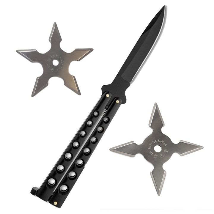 Комплект за самозащита Нож пеперуда Трик с пеперуда Balisong CS:GO Черно и 4-ъгълна нинджа звезда, 5-ъгълна нинджа звезда