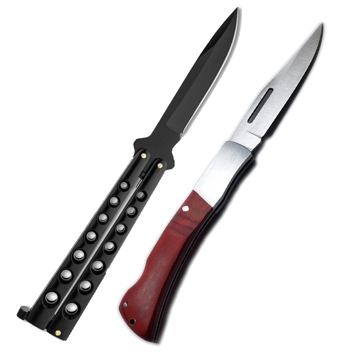 Kit autoaparare Cutit fluture briceag Butterfly trick Balisong CS:GO Negru si cutit briceag