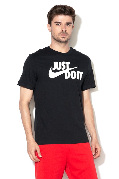 Nike, Памучна тениска Swoosh с лого, Бял/Черен