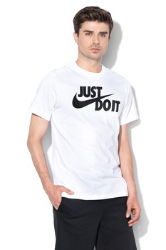 Nike, Tricou cu imprimeu logo Swoosh, Alb/Negru Nike, Tricou cu imprimeu logo Swoosh, Alb/Negru