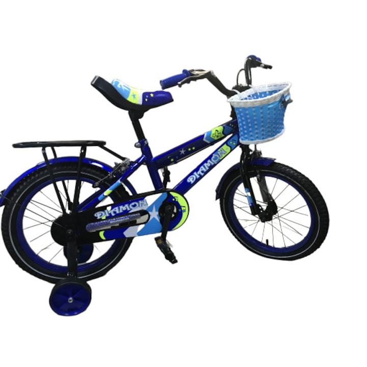 Велосипед Diamon, с педали детски 16 цола син, помощни колела с кош и багажник