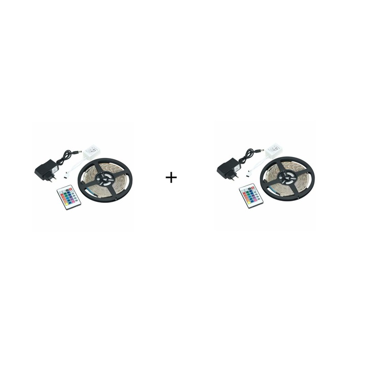 2 x Комплект гъвкави LED ленти + Дистанционно управление + Адаптер + Източник, Дължина 5 метра, Външен интериор Модел D 420