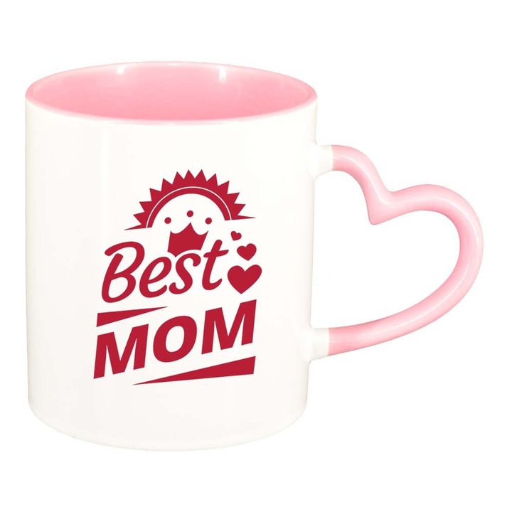 Cana "Best Mom", interior roz, maner inima, 330ml, D806