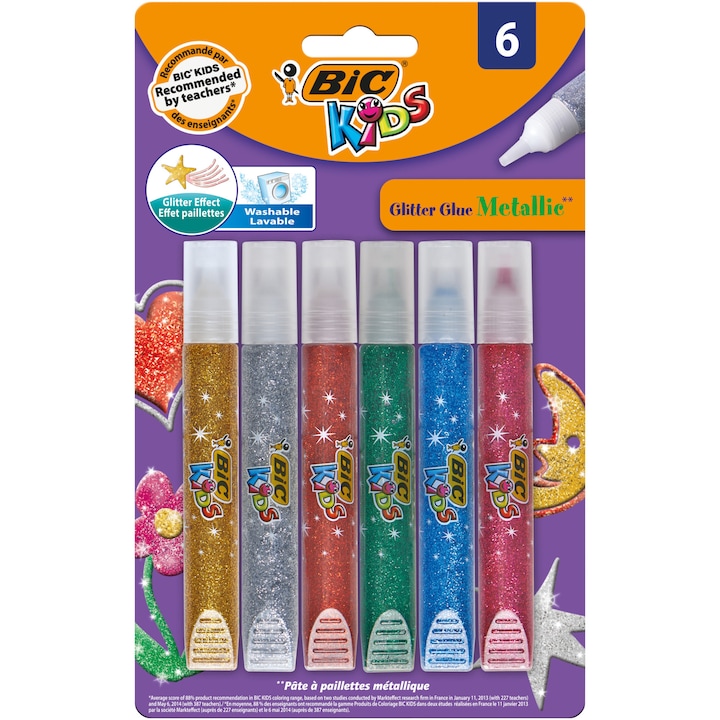 Лепило с брокат BIC Kids Glitter Glue Metallic, Различни цветове, 6 броя/комплект