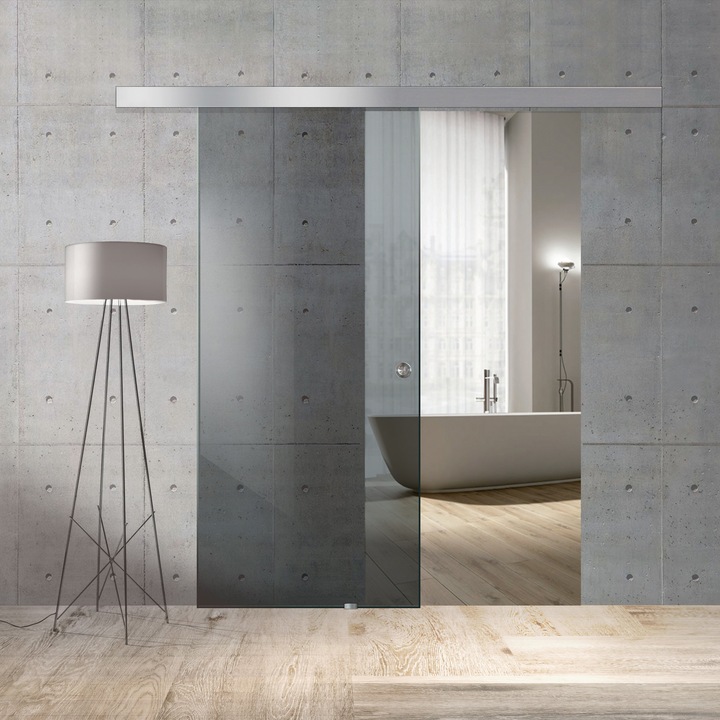 Usa sticla gri Boss securizata, 8 mm, tip culisanta de interior, glisanta in ambele directii, 60x215 cm