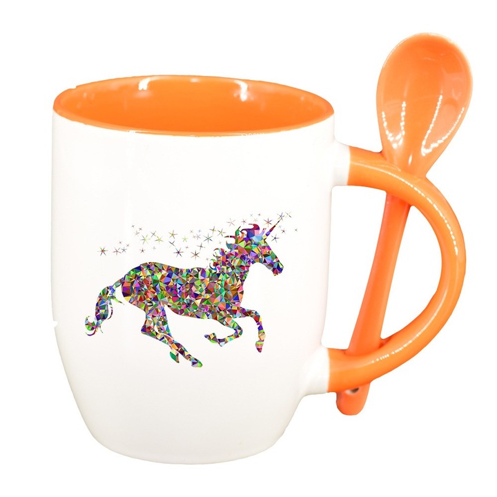 Чаша "Еднорог" с лъжица, оранжев интериор, 330мл, D846