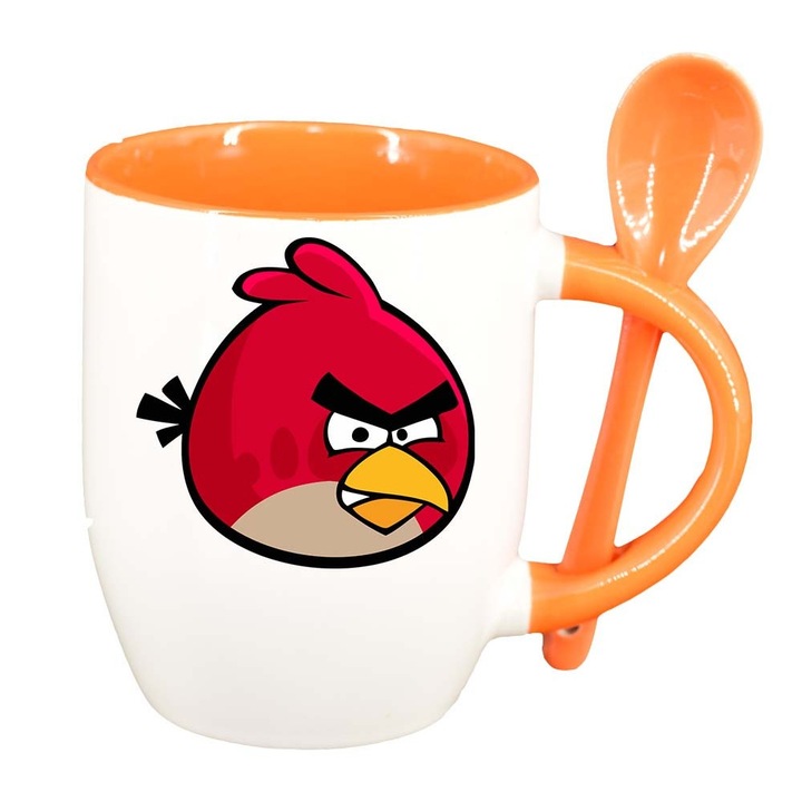 Чаша "Карикатура, Игра, Angry Birds" с лъжица, оранжев интериор, 330мл, D849