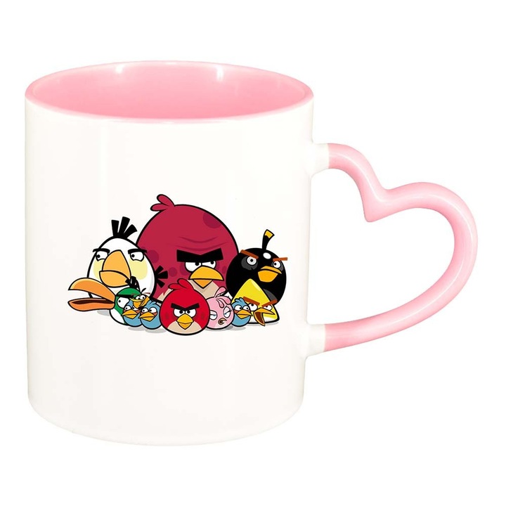 Чаша "Карикатура, Игра, Angry Birds", розов интериор, дръжка сърце, 330 мл, D851