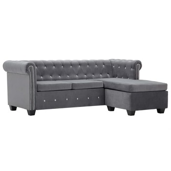 Canapea Chesterfield cu 3 locuri, in forma L, vidaXL, Catifea, Gri, 199 x 75 x 72 cm Canapea Chesterfield cu 3 locuri, in forma L, vidaXL, Catifea, Gri, 199 x 75 x 72 cm