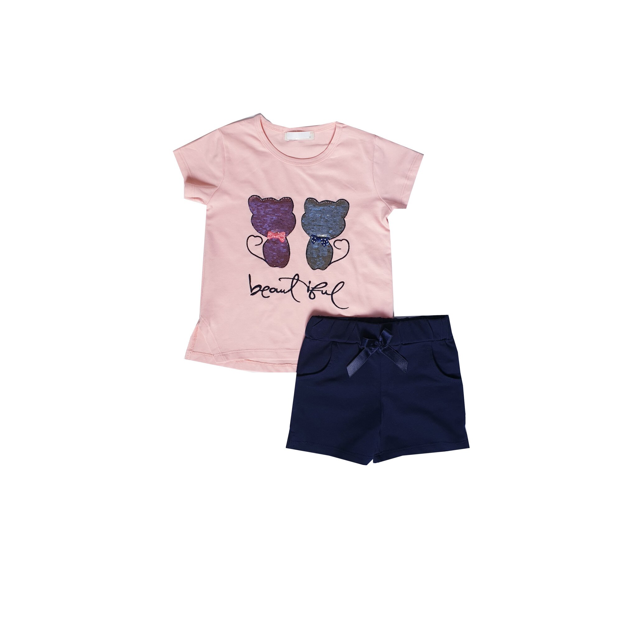 Tricou si pantalon scurt Kitty, Roz/Bleumarin