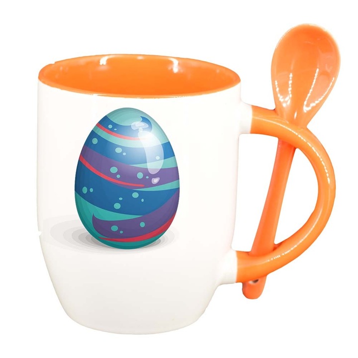 Чаша "Великден, зайче, великденско яйце" с лъжица, оранжев интериор, 330мл, D857