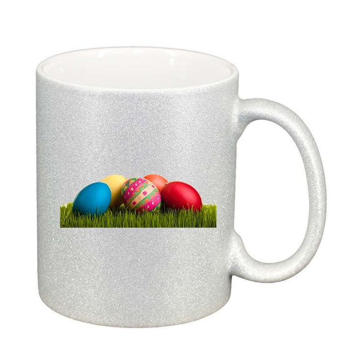 Cana "Easter, Bunny, Easter Egg", argintiu sidefata glitter, 330ml, D860