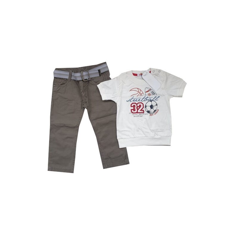 Pantalon si Tricou baieti, Alb/Kaki/Negru