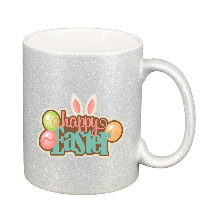 Cana "Easter, Bunny, Easter Egg", argintiu sidefata glitter, 330ml, D862