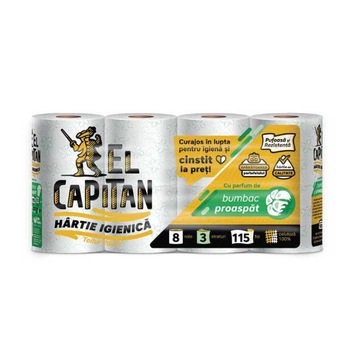 Hartie igienica parfumata El Capitan bumbac proaspat trei straturi alba, decor 8 role Hartie igienica parfumata El Capitan bumbac proaspat trei straturi alba, decor 8 role