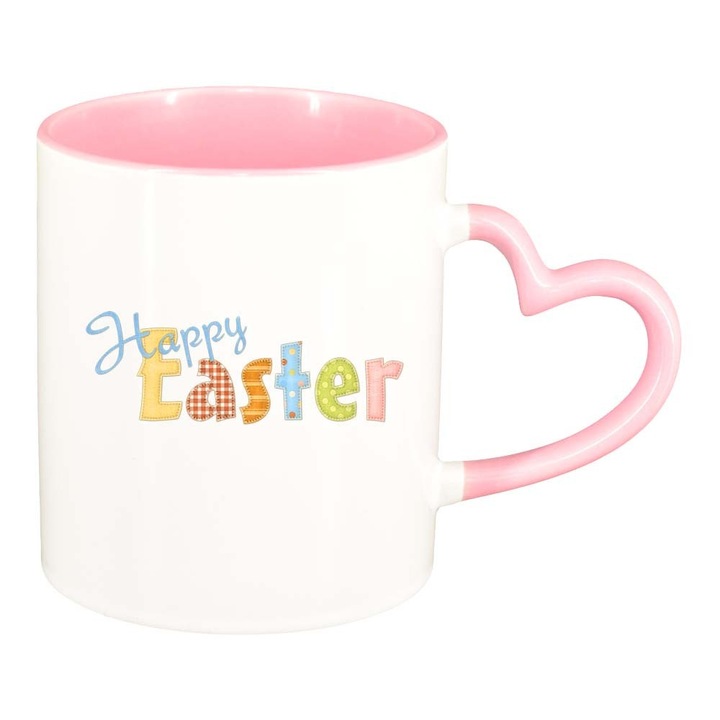 Cana "Easter, Bunny, Easter Egg", interior roz, maner inima, 330ml, D865