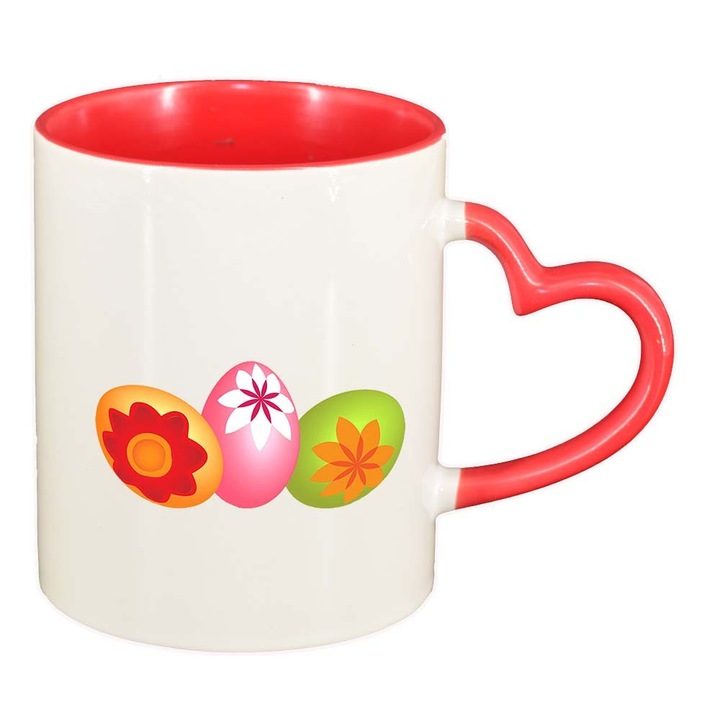 Cana "Easter, Bunny, Easter Egg", interior rosu, maner inima, 330ml, D867