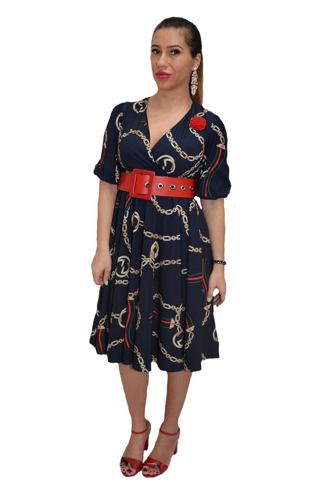 Rochie casual, cu design auriu si centura rosie, D&J Exclusive, Albastru marin