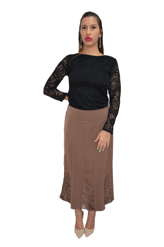 Fusta eleganta, in clin, cu insertii de broderie, D&J Exclusive, Bej