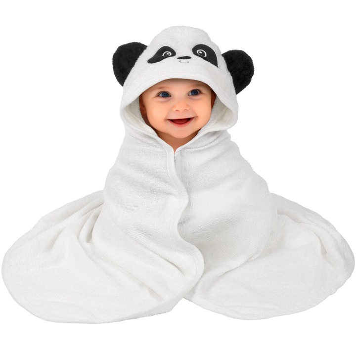 Prosop de Baie cu Gluga pentru Bebelusi din Bambus Super Absorbant si Moale FizioTab®, Tip Halat, 90X100 cm, 0-4 ani, Model Ursulet Panda, Alb/Negru