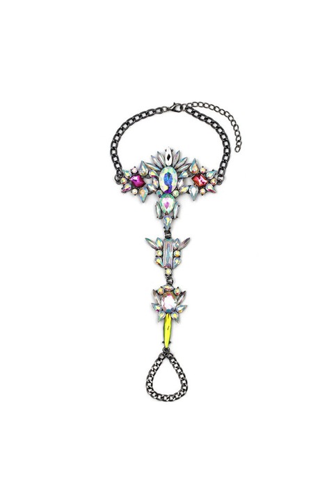 Bratara Statement cu inel, cristale mari albe cu reflexii multicolore, Alb