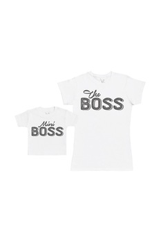Set Tricouri Mama si Baby 3-6 luni Boss din Bumbac Albe marime XL Set Tricouri Mama si Baby 3-6 luni Boss din Bumbac Albe marime XL