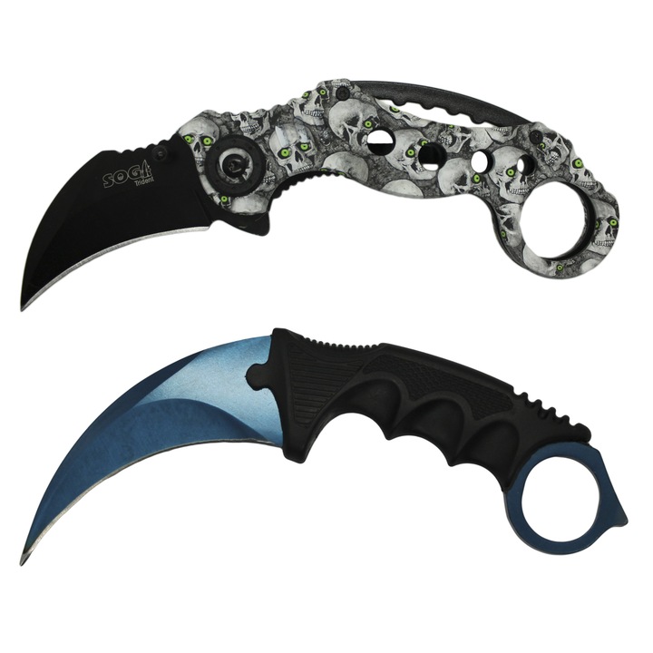 Комплект от 2 ножа Karambit синя стомана плюс кания и шнур, сив нож Karambit CS GO череп