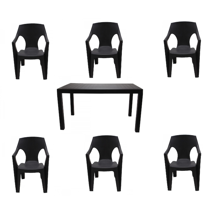 IDL Mallorca Kerti asztali szett, 6 székkel, kiváló minőségű műanyagból, tökéletesen ötvözi a klasszikus formát a használat kényelmével, a nagy tartóssággal, barna