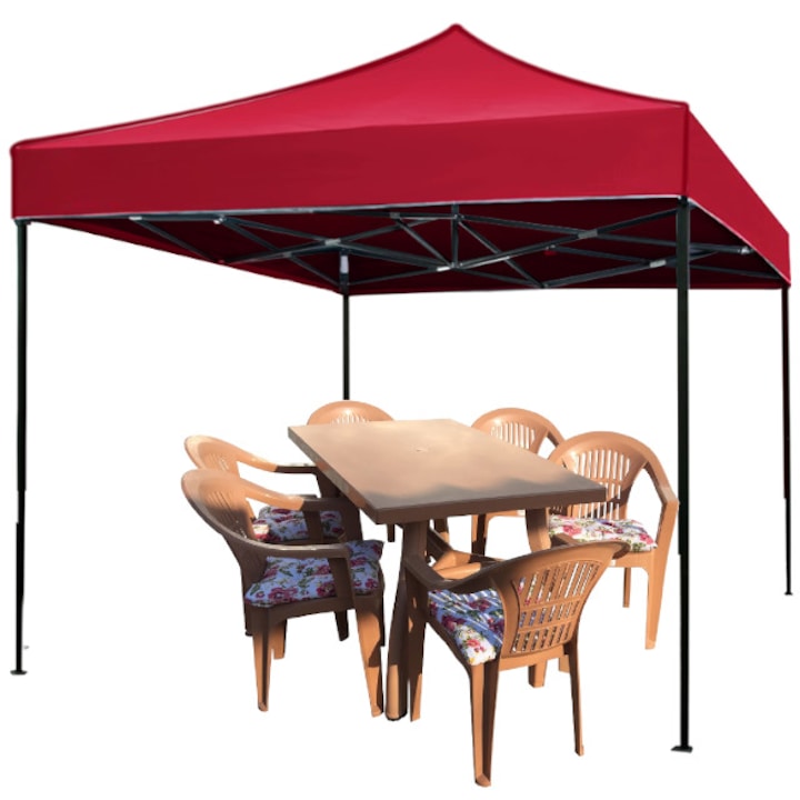 Culinaro pavilon 3x3m, sátor váz összecsukható, acél szalag, vízálló, piros, asztal 6 férőhelyes, 6 székkel