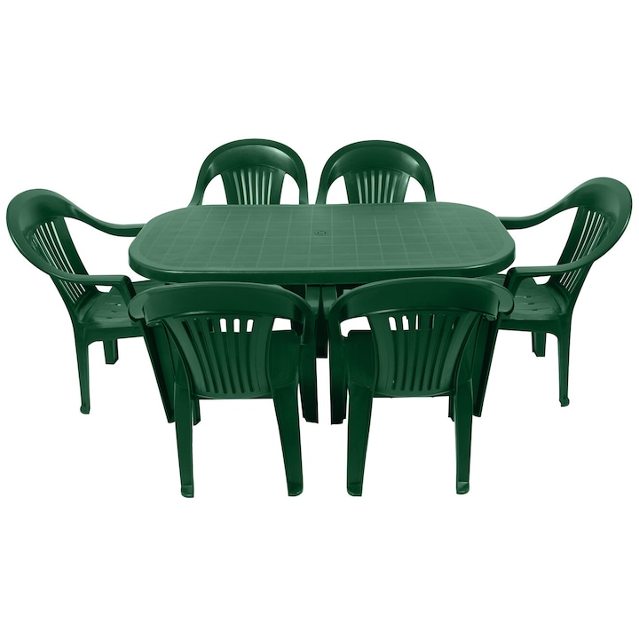 IDL® Bali Garden kerti asztal készlet, 6 székkel, 140x70x70cm, kiváló minőségű műanyagból, nedvességálló, kreatív és innovatív adaptációkat tesz lehetővé bárhol és bármikor, zöld
