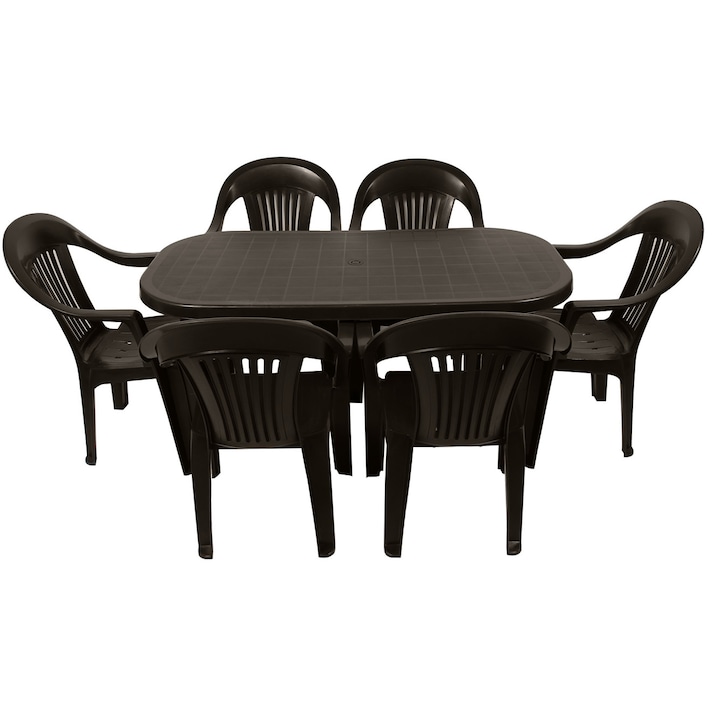 IDL® Bali Kerti asztal készlet 6 db székkel, 140 x 70 x 70 cm, Nedvességálló, Kreatív/innovatív, Kiváló minőségű műanyagból, Cappuccino szín